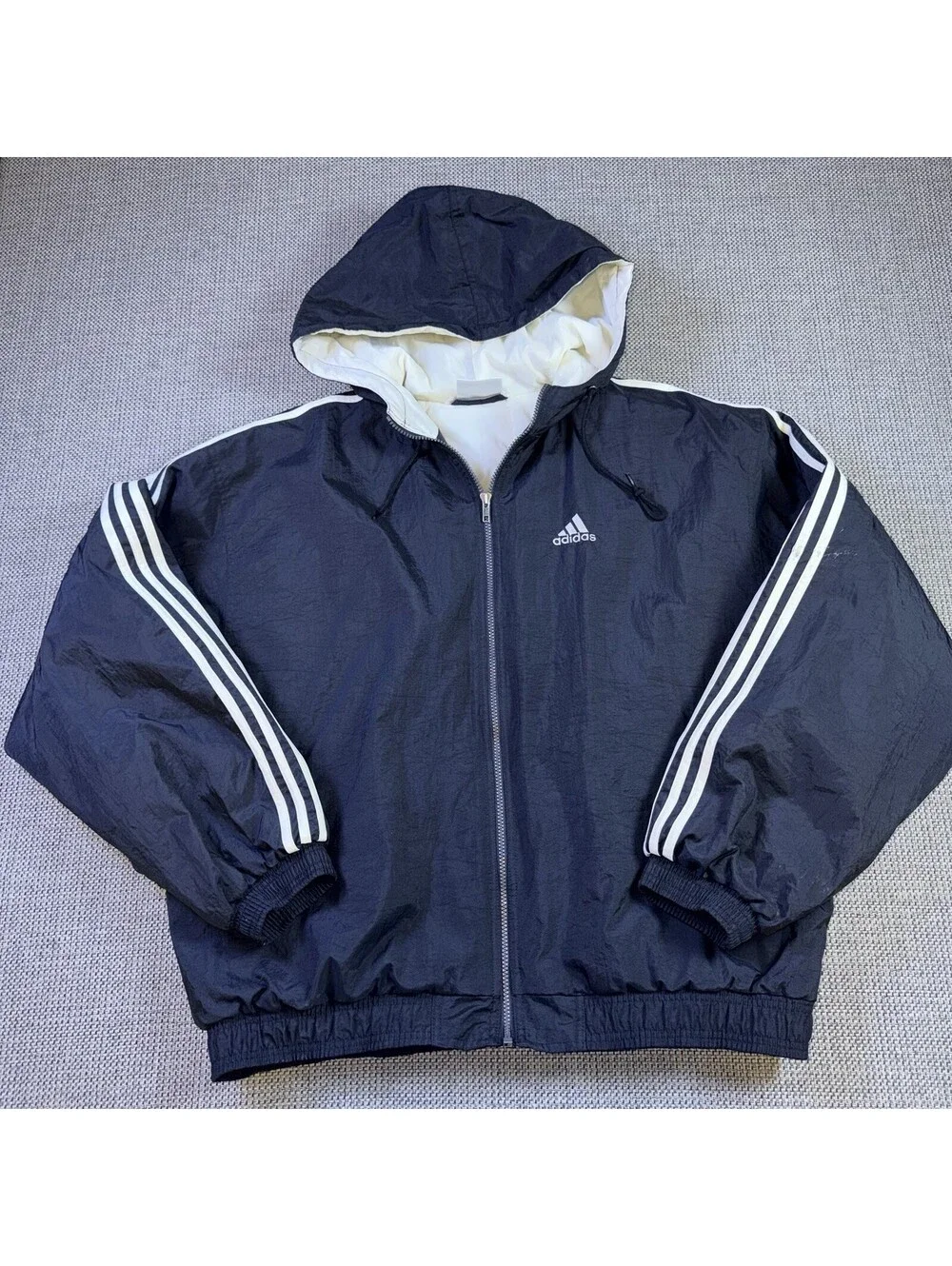 Vintage 90s Adidas Windbreaker Jacket XL Navy Blue White 3 Stripe Big Logo Hood
